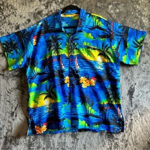 Rima Hawaiian Shirt Mens XL Blue Tropical Palm Tree Beach Camp Button Up